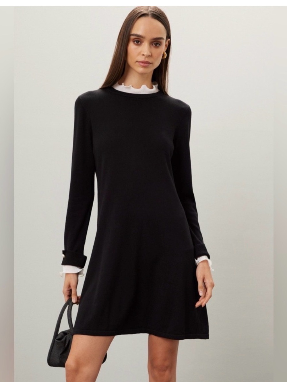 Ce Ce Black Long-Sleeve Ruffle-Trim Sweater Dress